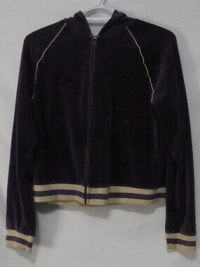 Vintage Y2K OLD NAVY Velour Full Zip Hoodie Striped Trim Purple Grey - Large